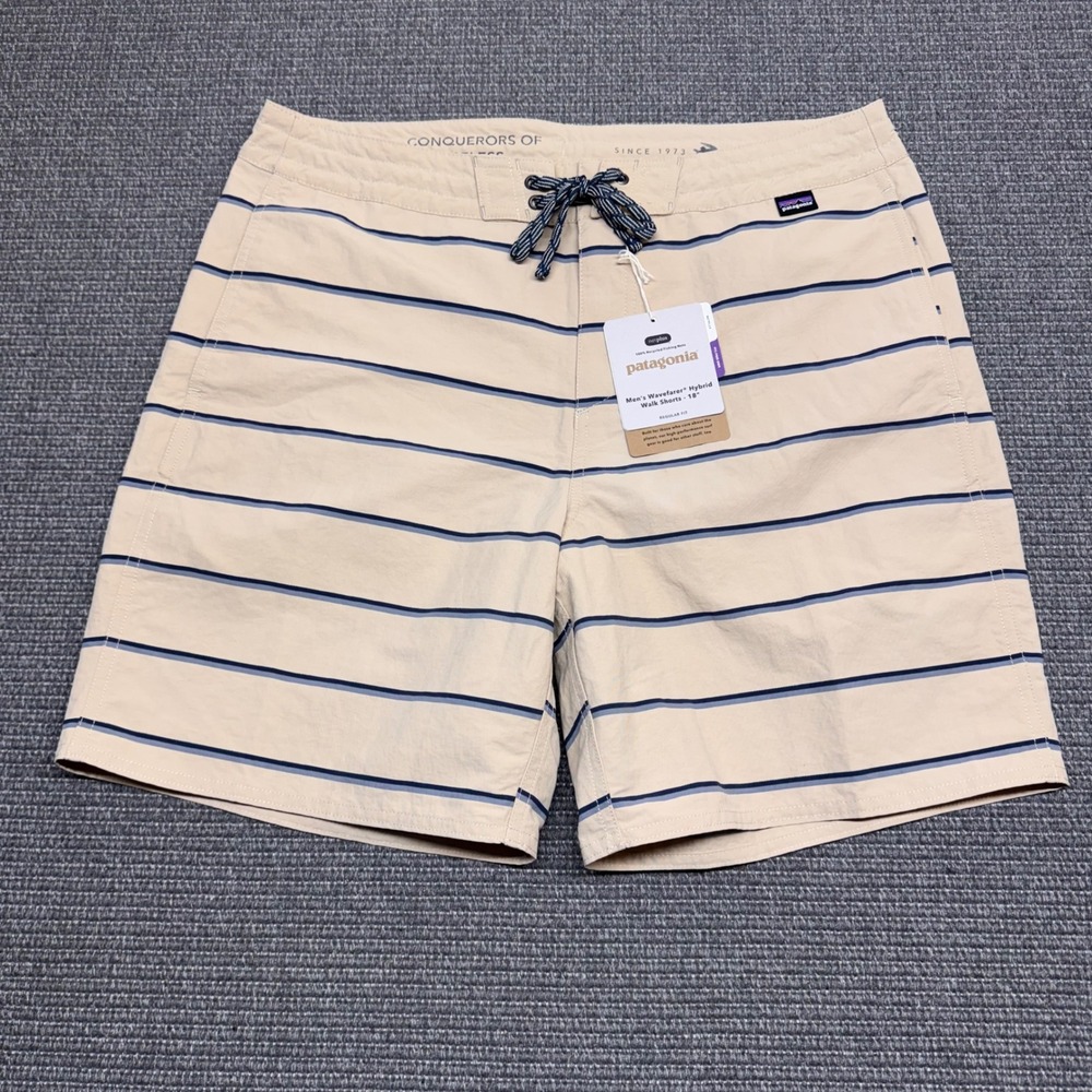 Patagonia Men's Wavefarer Hybrid Walk Shorts 18 Stripedโ Tan Blue Size 33 86655